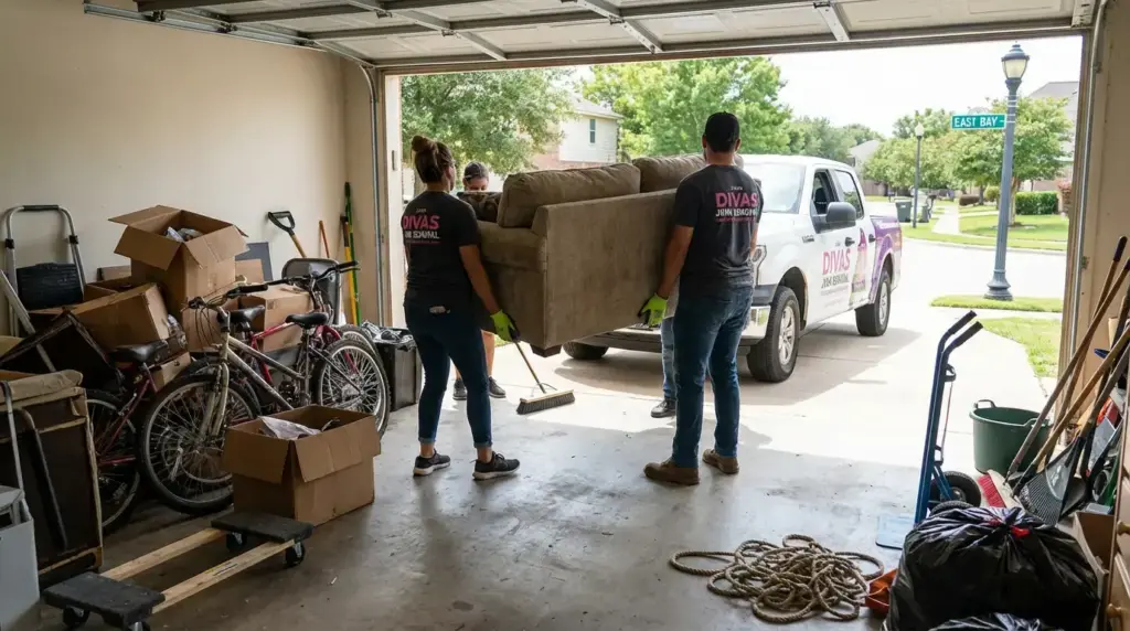 Cleaned out garage space with removed items piled for hauling.
