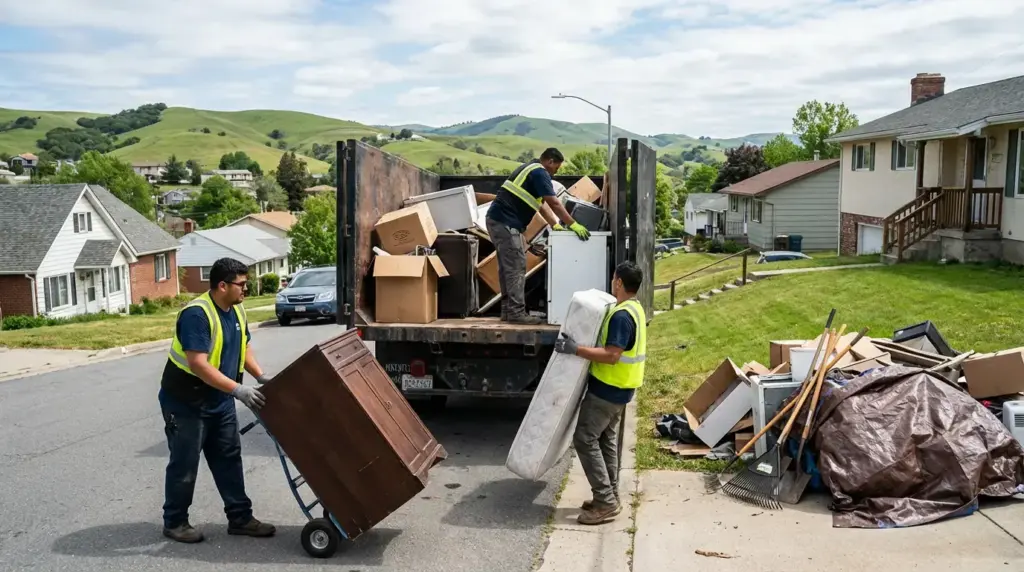 Divas Junk Removal team clearing old materials from a home site.